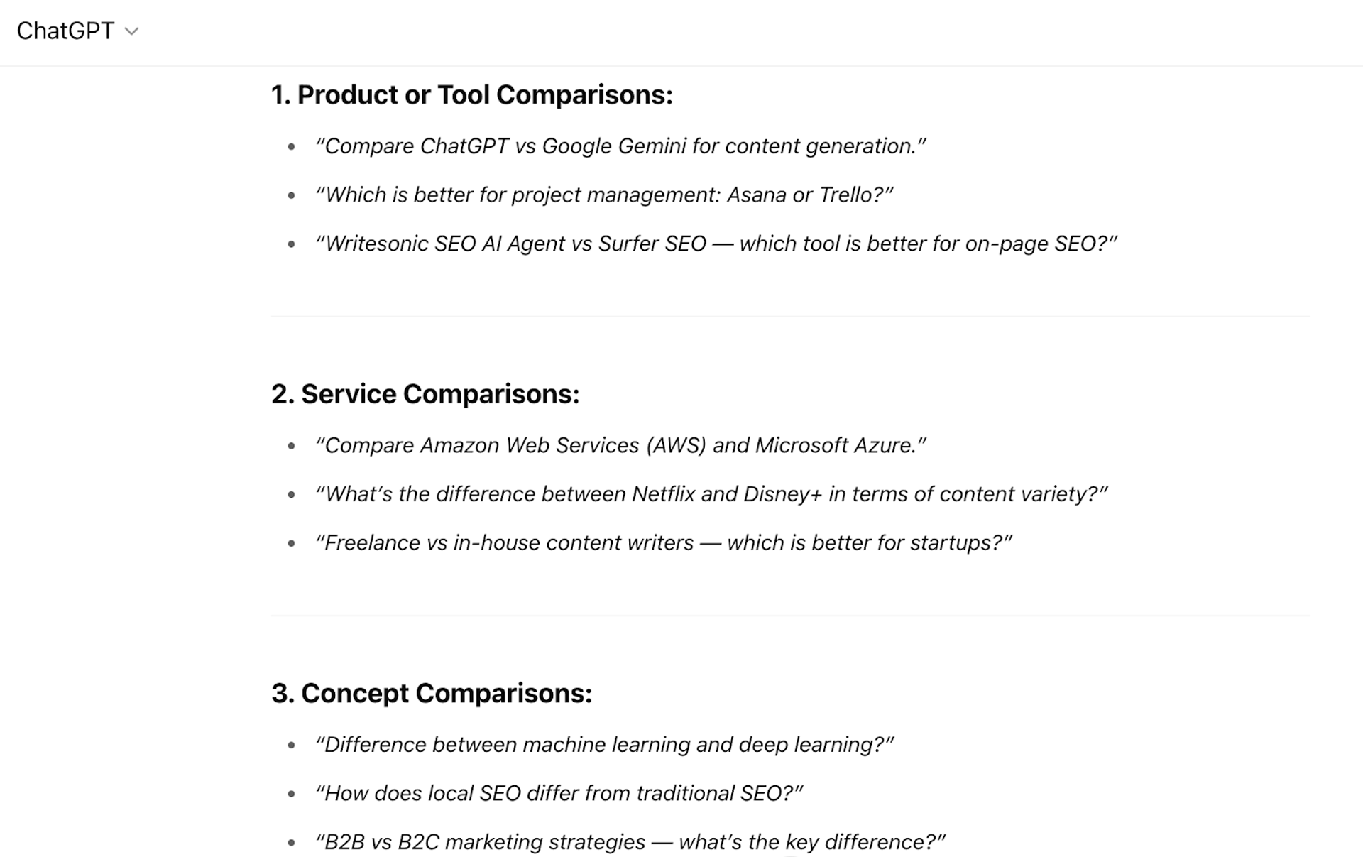 Comparison prompts