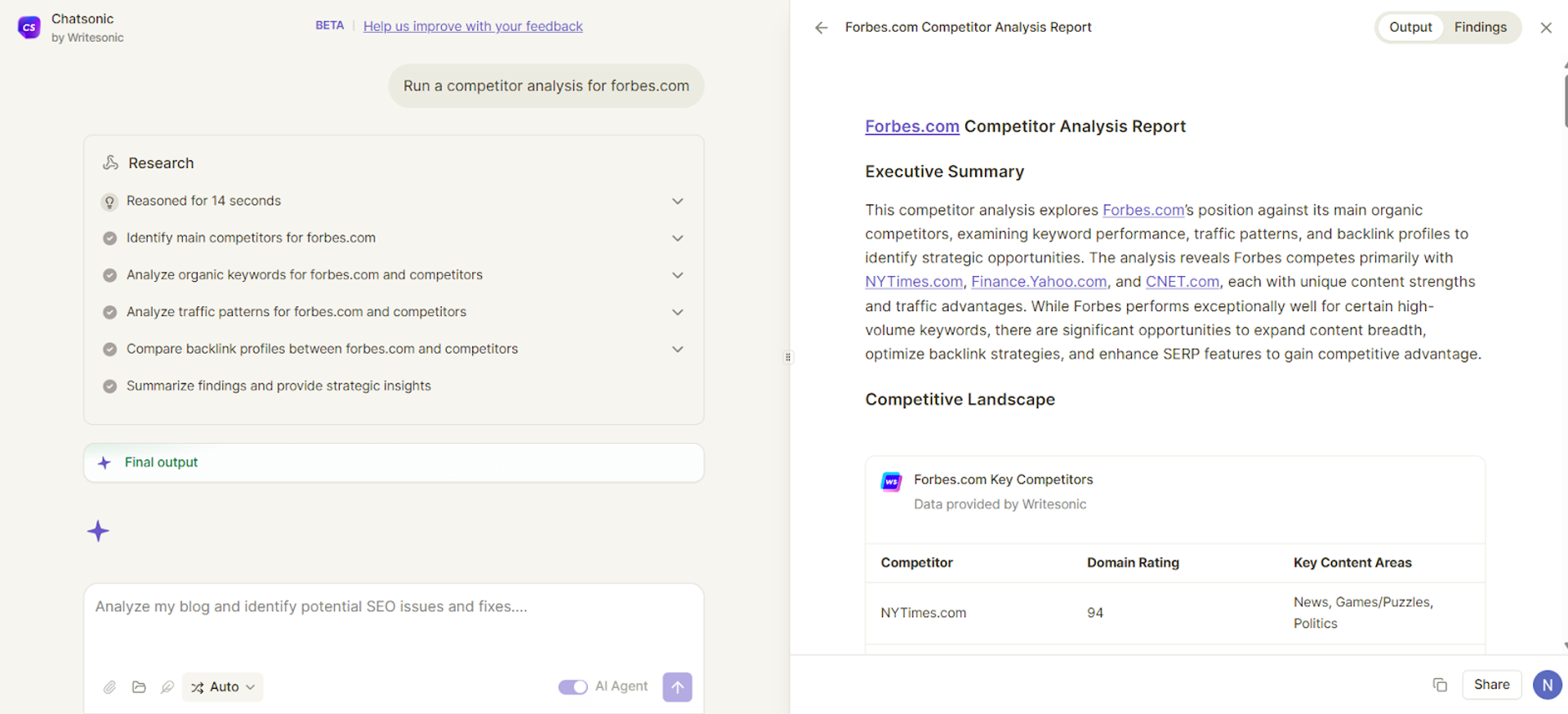Once you send the prompt, the SEO AI Agent gives a detailed report with the final results according to the prompt.
