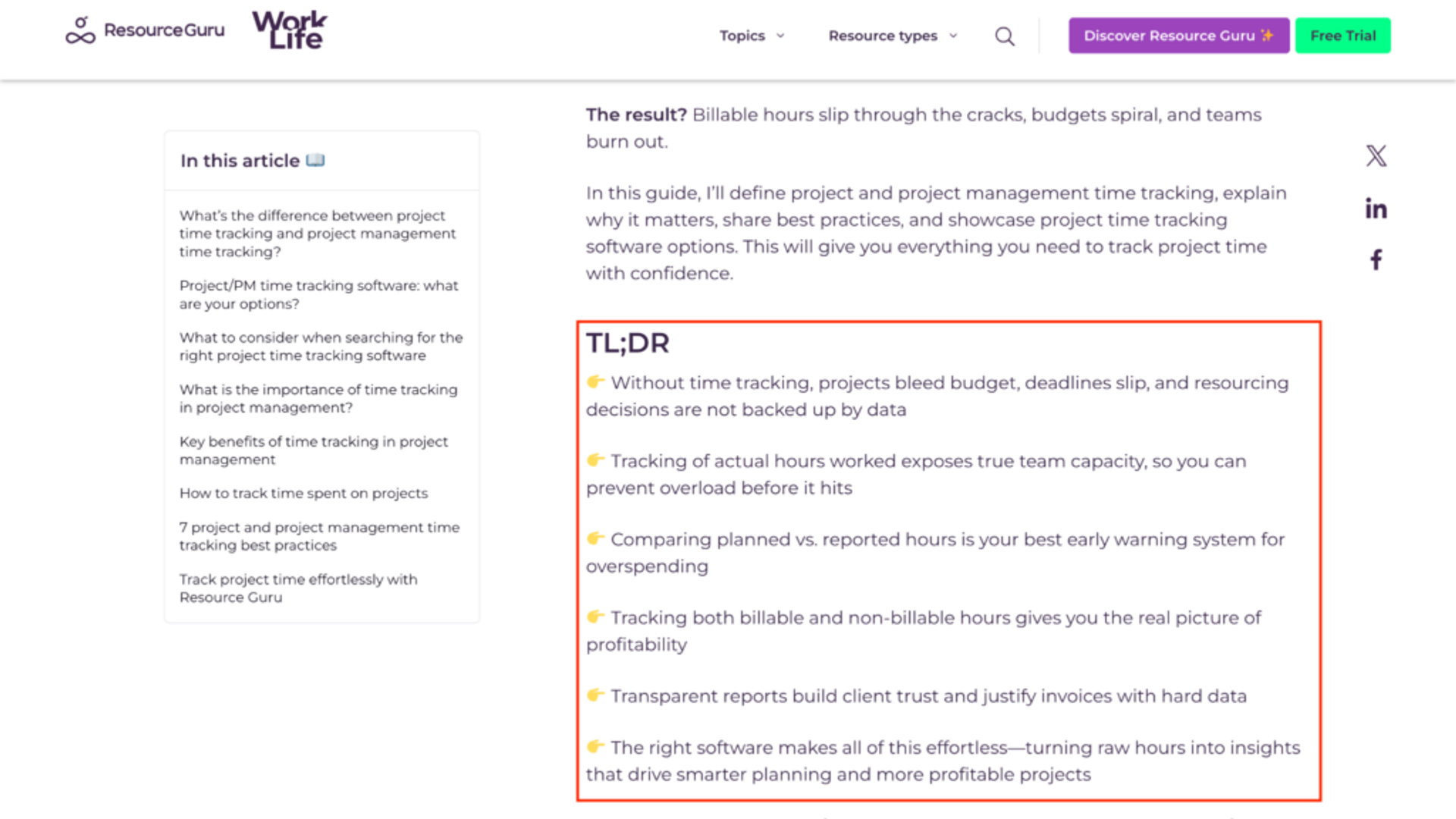 A TL;DR section at the start of an article by Resource Guru.

