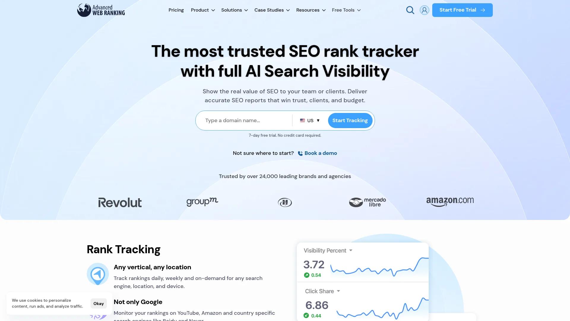 Landing page showing Advanced Web Ranking's AI search visibility headline and rank tracking overview.