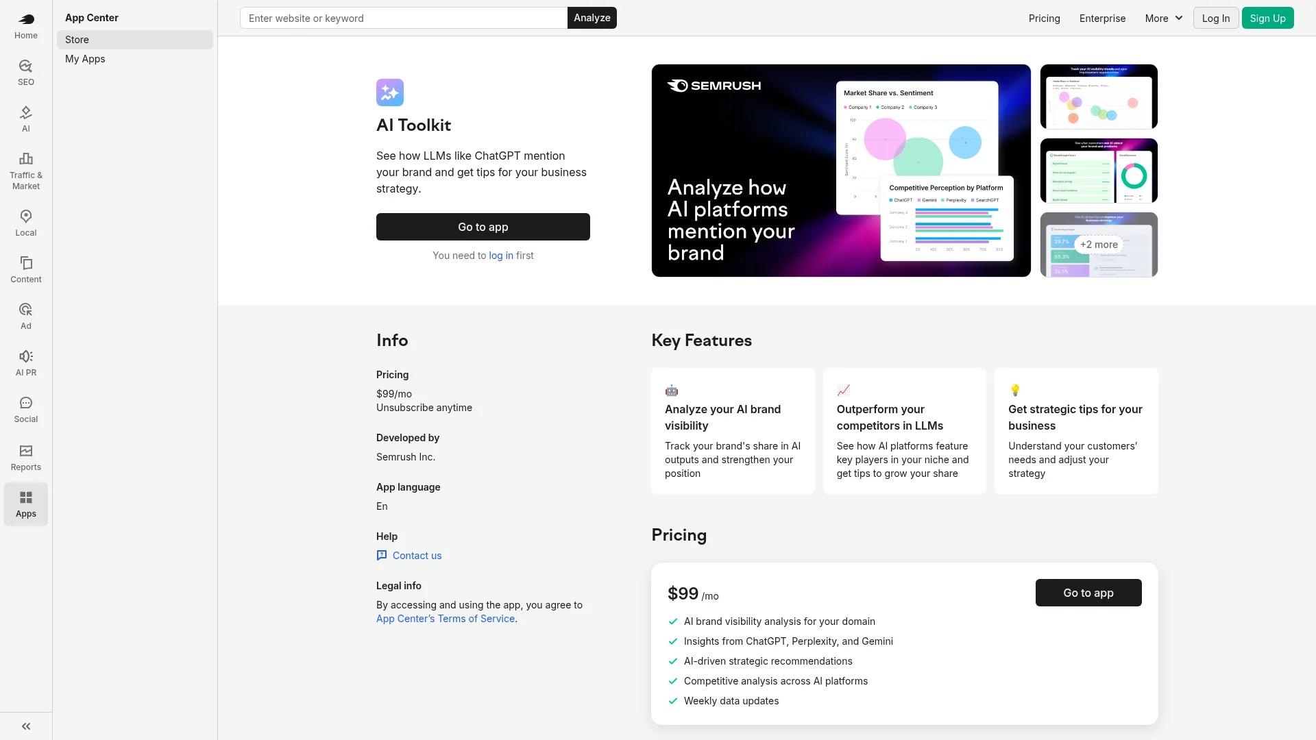 Semrush AI Visibility Toolkit page