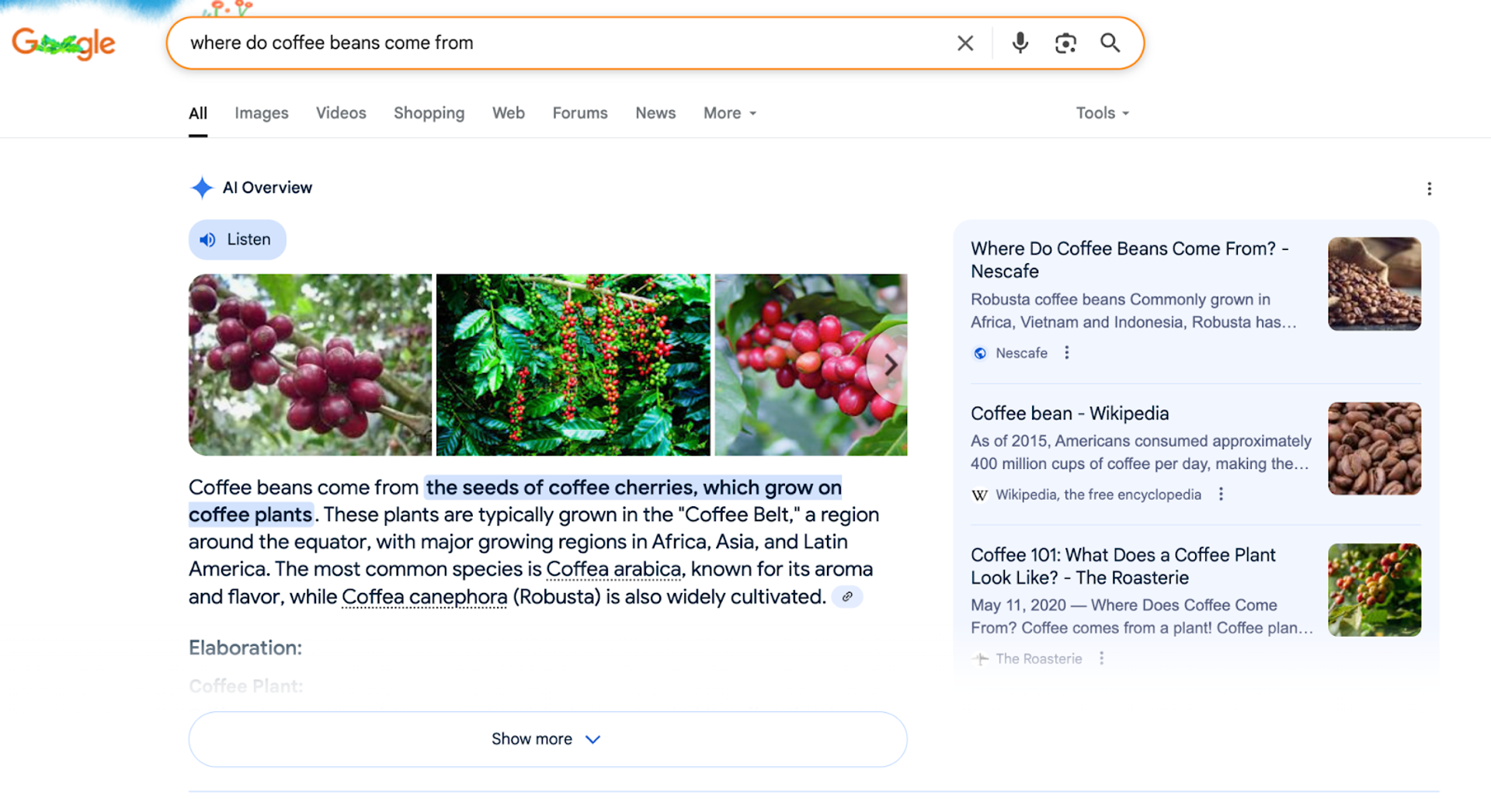 Example of zero click searches on Google