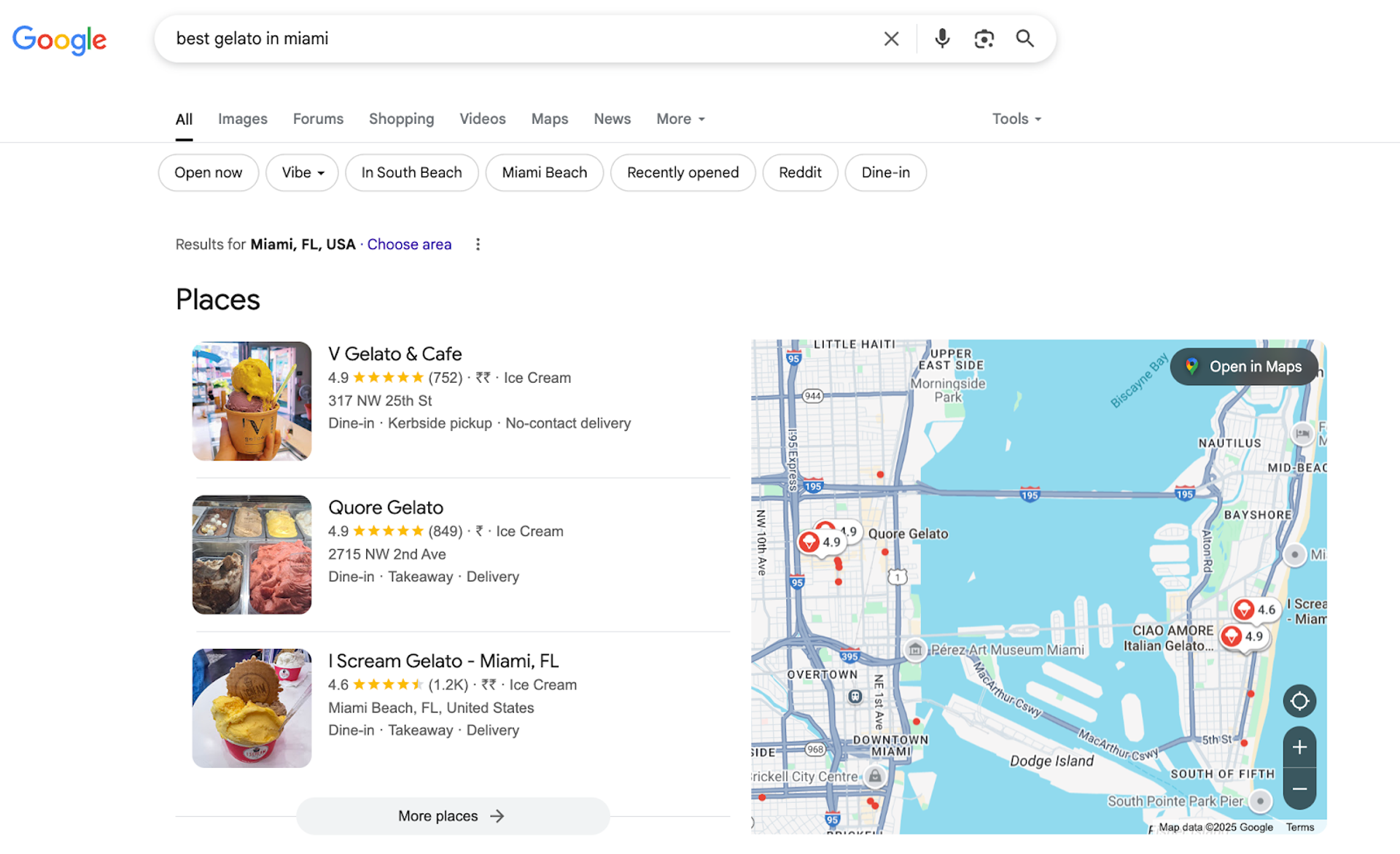 Example of local packs appearing in Google zero click search