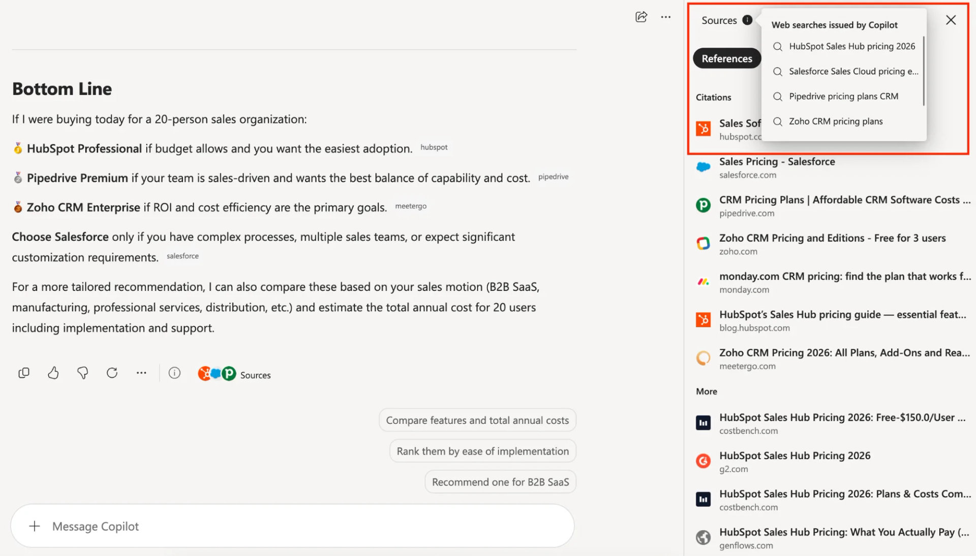 Copilot's answer panel with the Sources slideout showing the exact web searches Copilot issued to Bing.