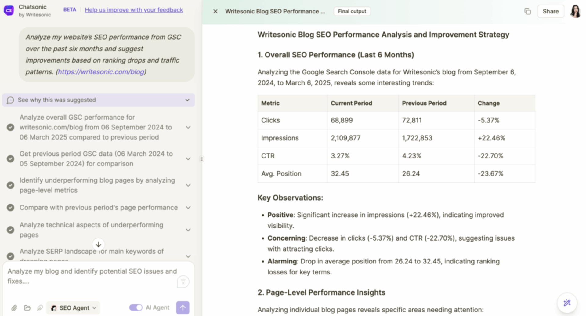 Creating SEO content audit reports using Writesonic SEO AI agent