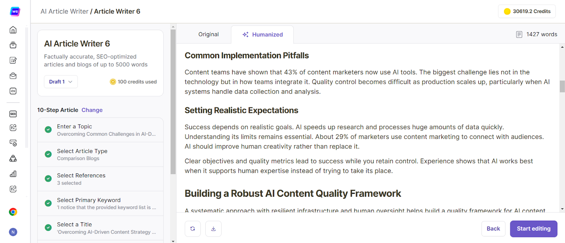 Example of automated SEO content creation for enterprises using Writesonic.