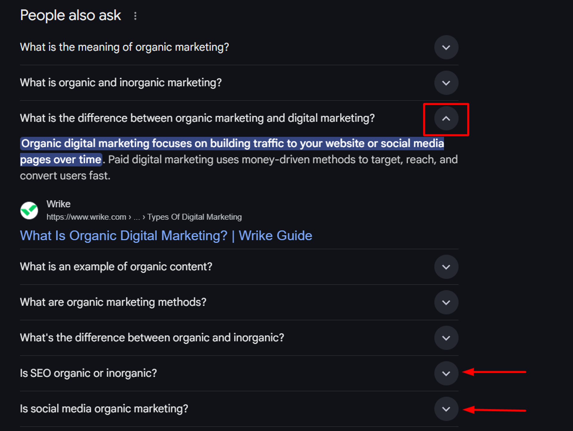 Clicking on a question in the People Also Ask box expands the answer and also gives rise to more questions.