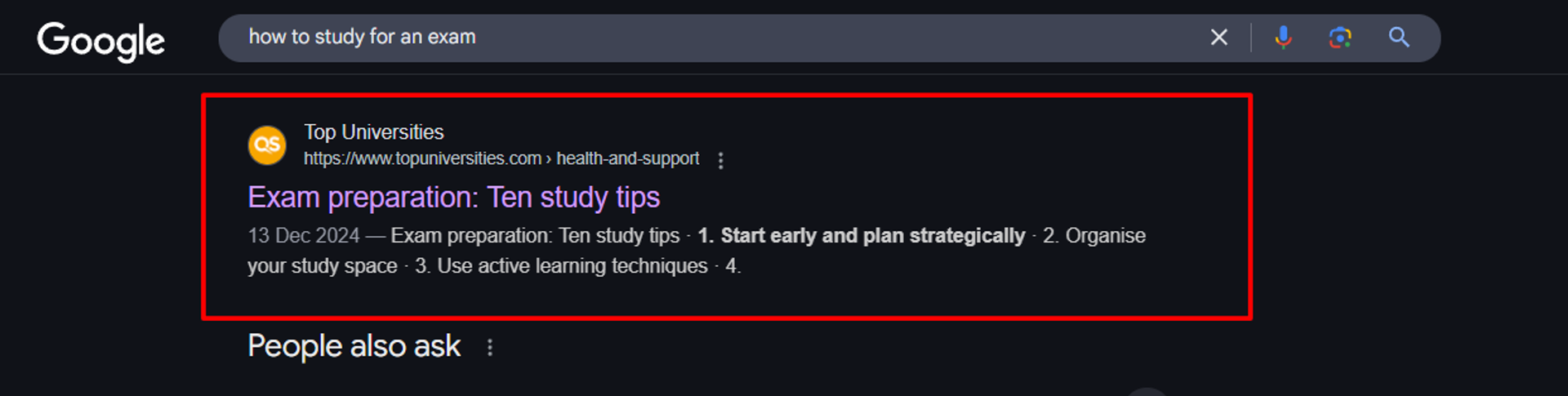 Another example of a top-ranking blog post for the keyword "how to study for an exam."