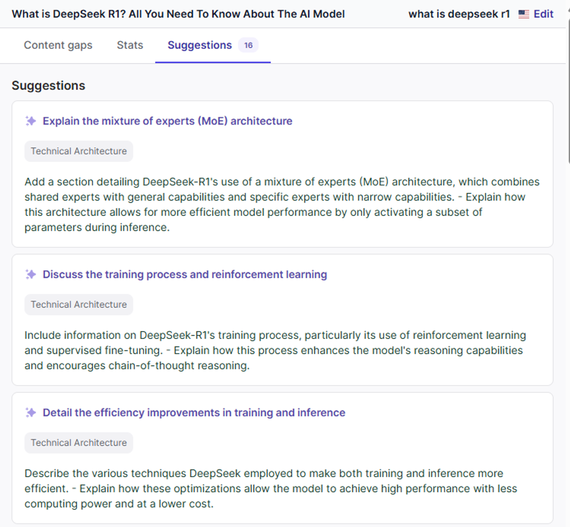 The tool also gives suggestions on what content to add in your existing articles.
