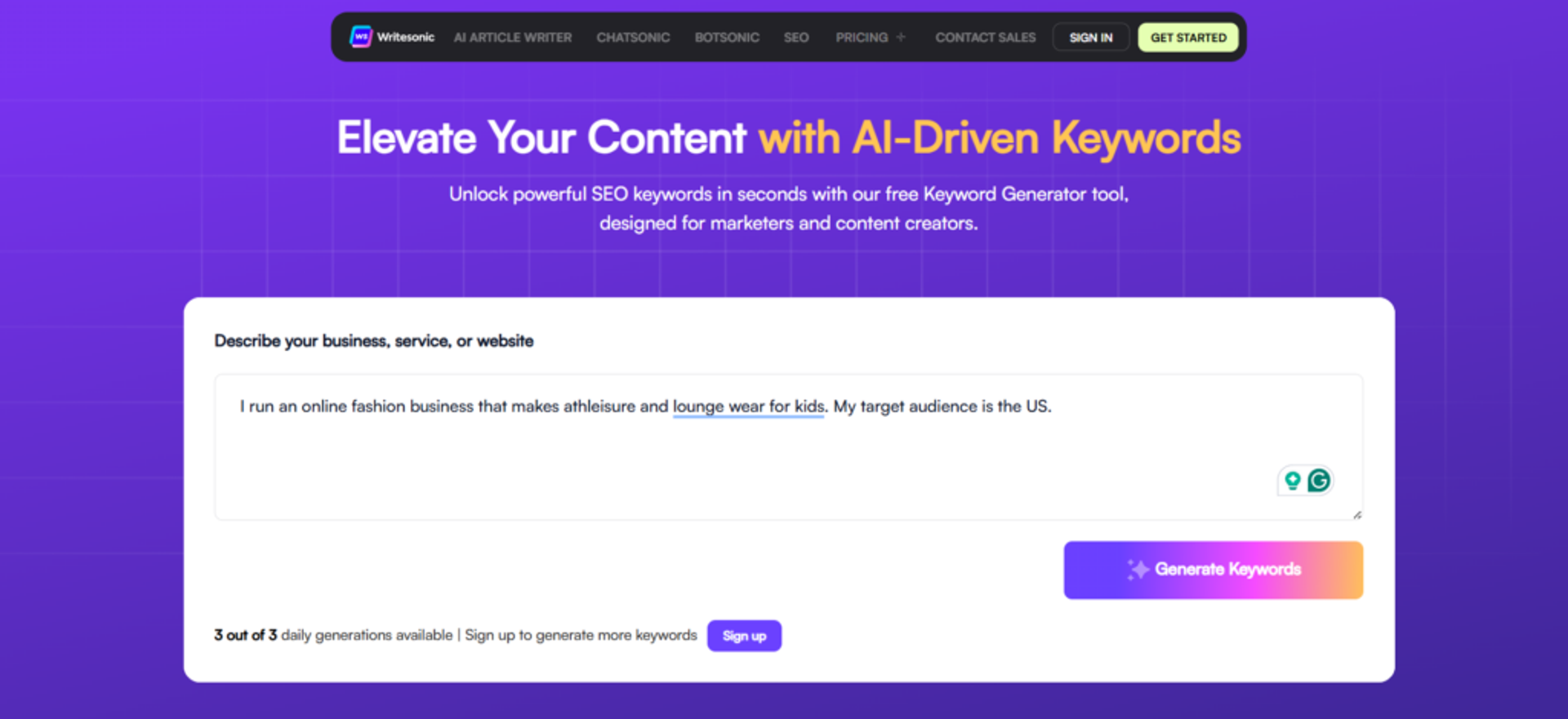 Writing a prompt in Writesonic's Free Keyword Generator Tool