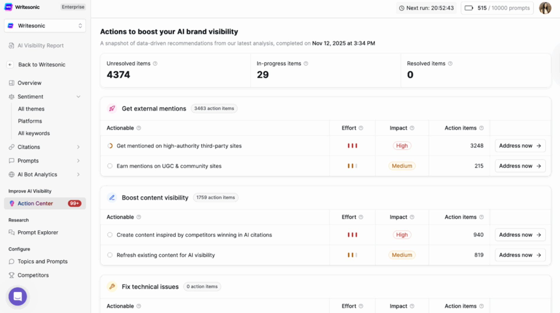 Writesonic Action Center - Answer Engine Optimization Tools
