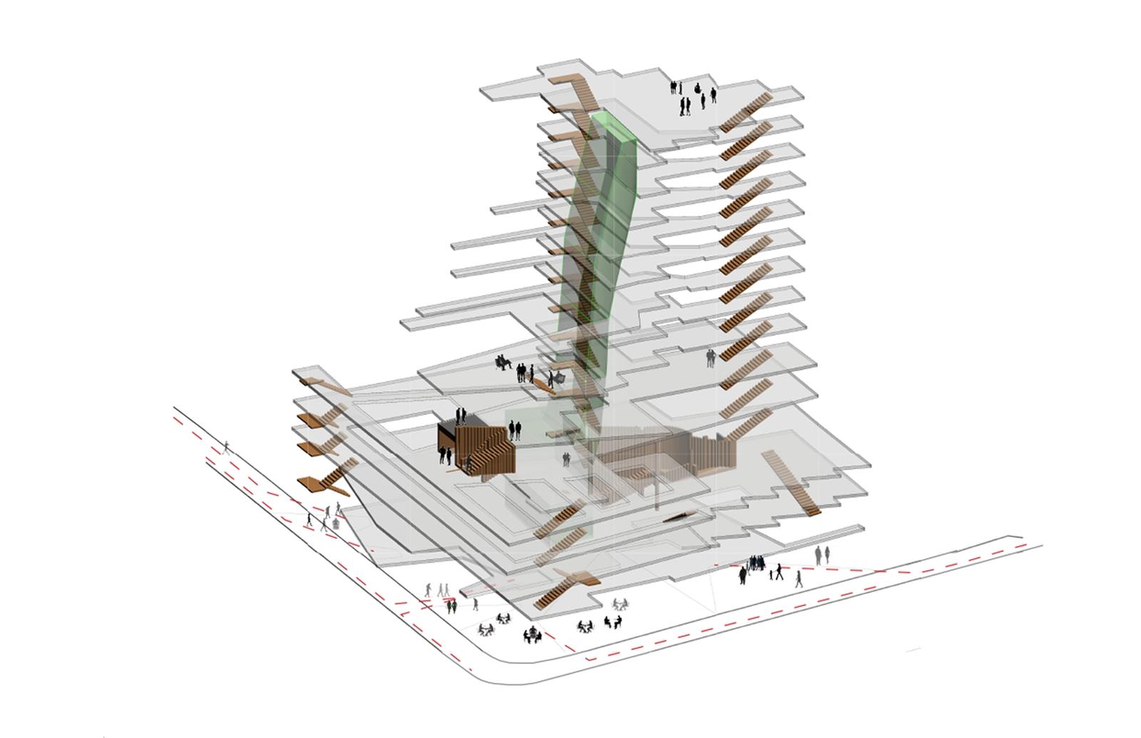 Solar chimney, shown in green, connects spaces vertically throughout the building. Stair circulation reinforces the vertical connection.