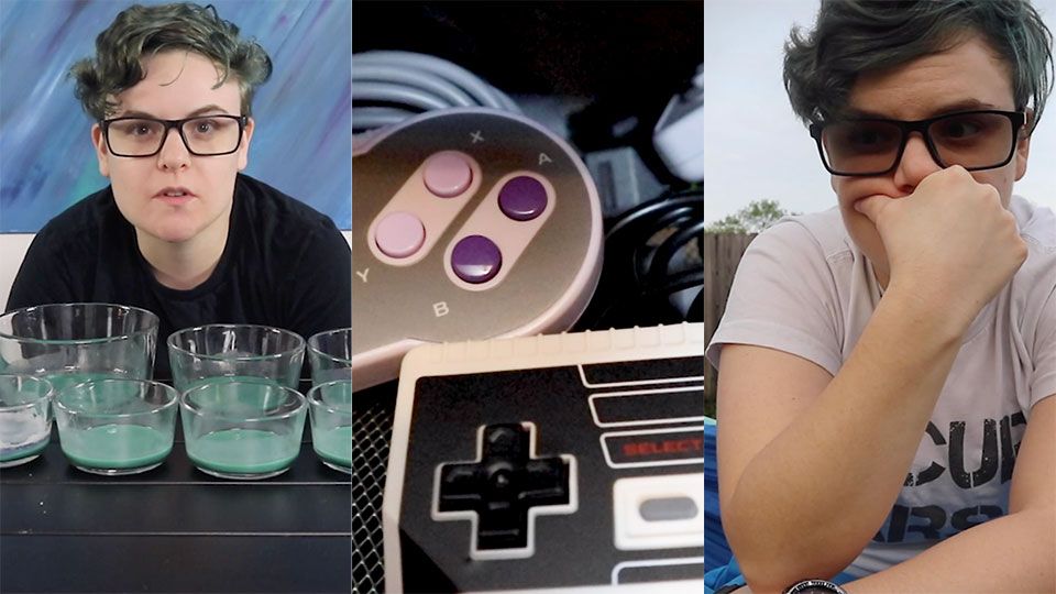 author posed in though, displaying science beakers and videogame controllers