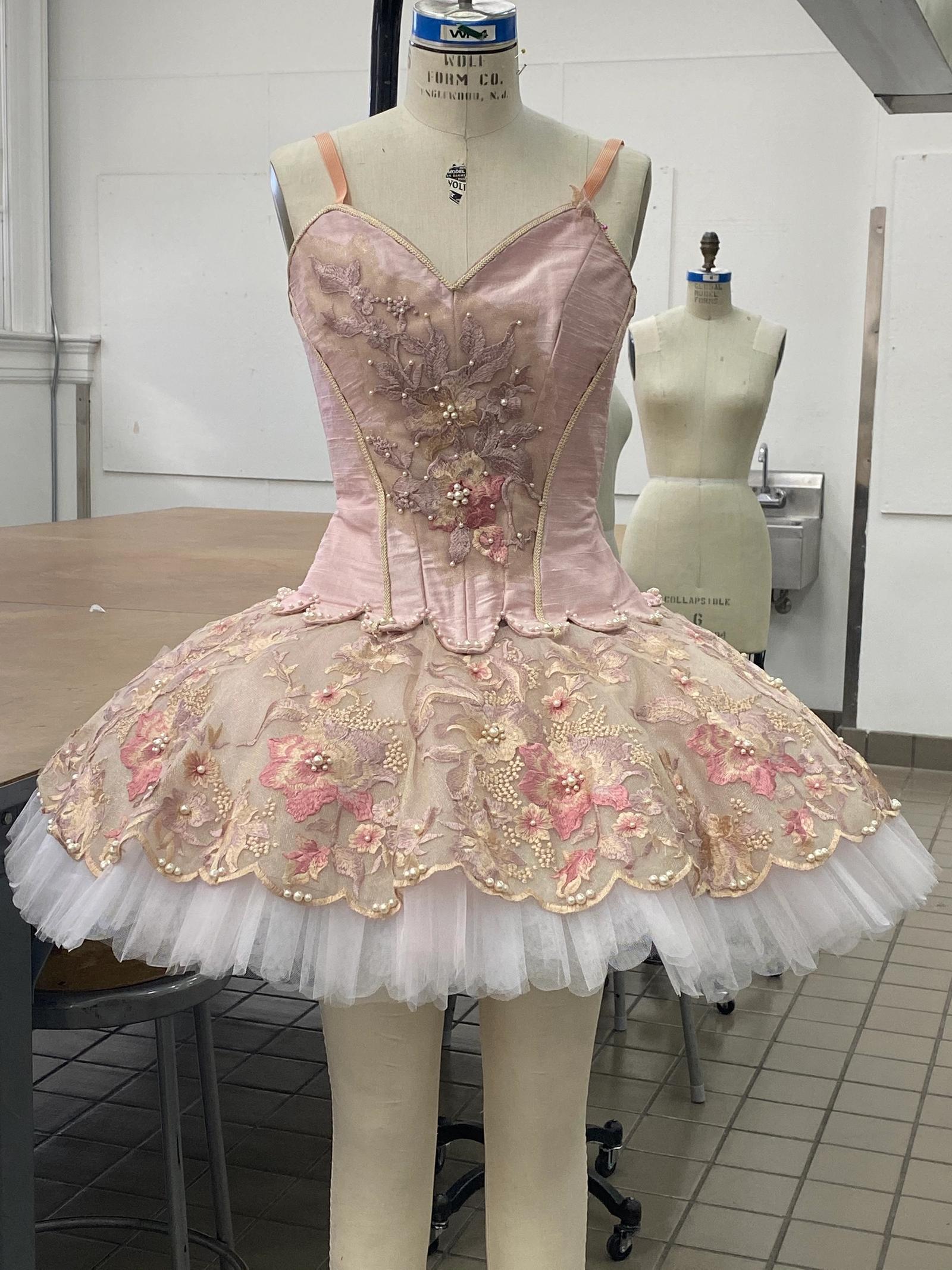 Complete classical tutu made up of corseted bodice, tutu skirt, basque, and knickers.
