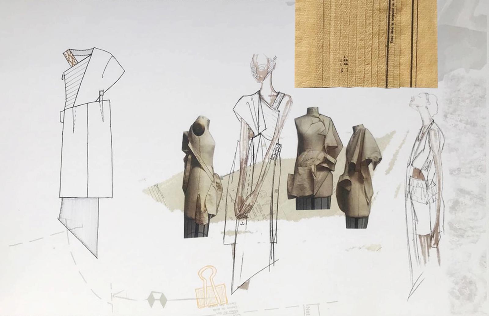 Waste muslin toile, cut and draped, with knitwear, leather, and wastepaper manipulation