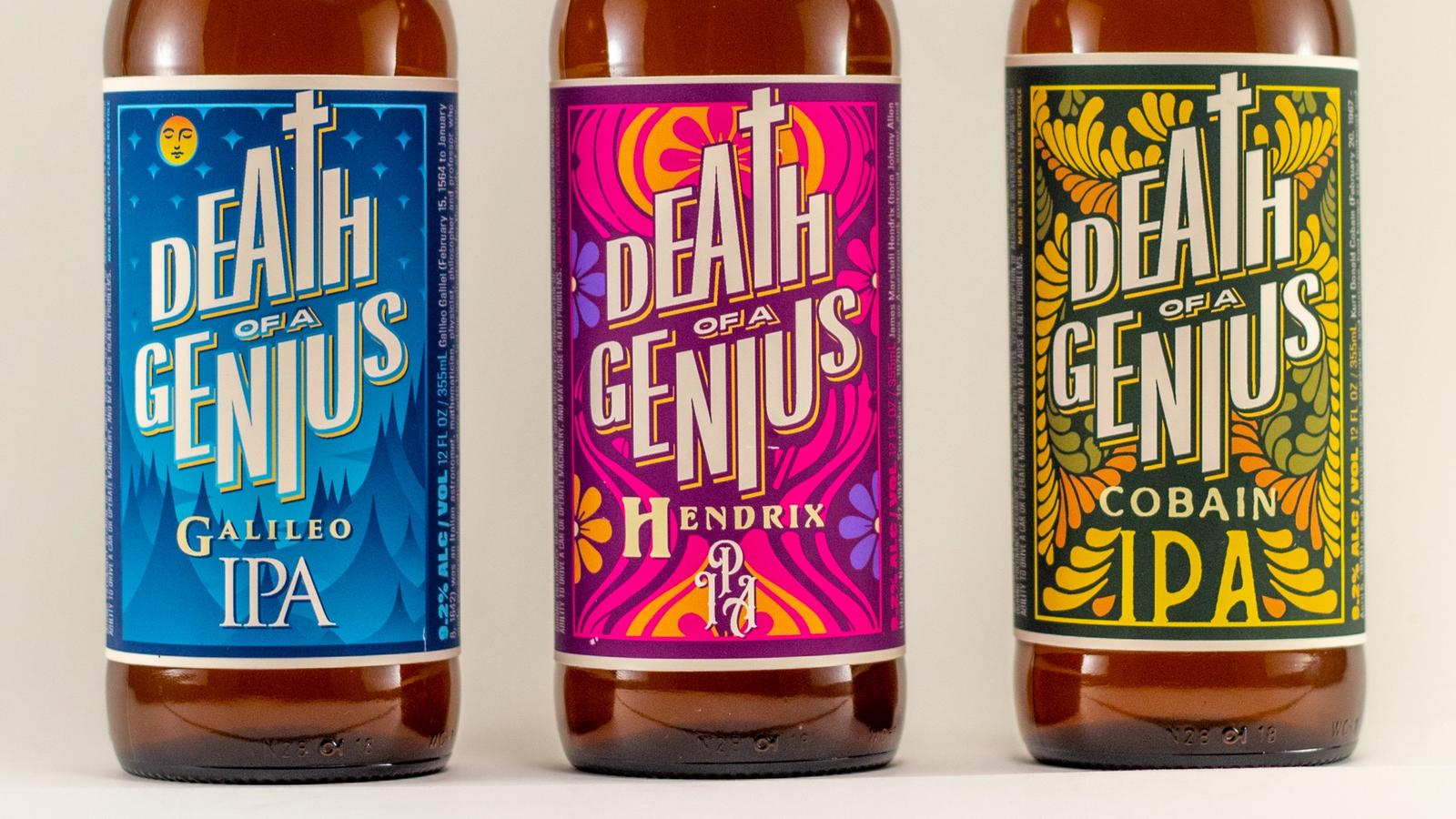 Death of a Genius IPA // Galileo, Hendrix, and Cobain packaging