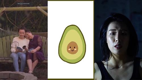 mother and daugher snuggle on a swing + avacado + faced of trouble young woman