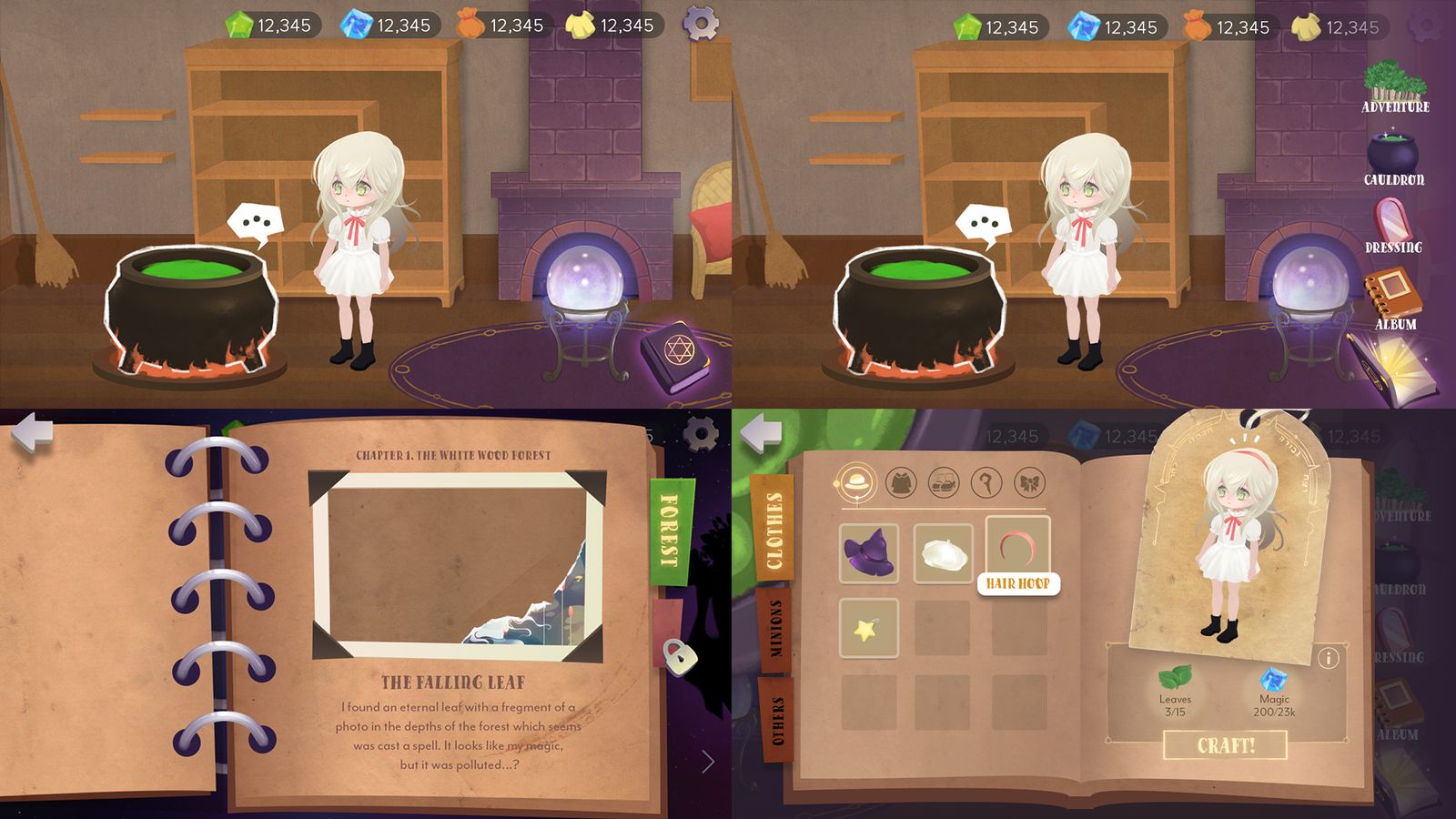 Collect more elements by exploring adventures and making costumes with cauldron