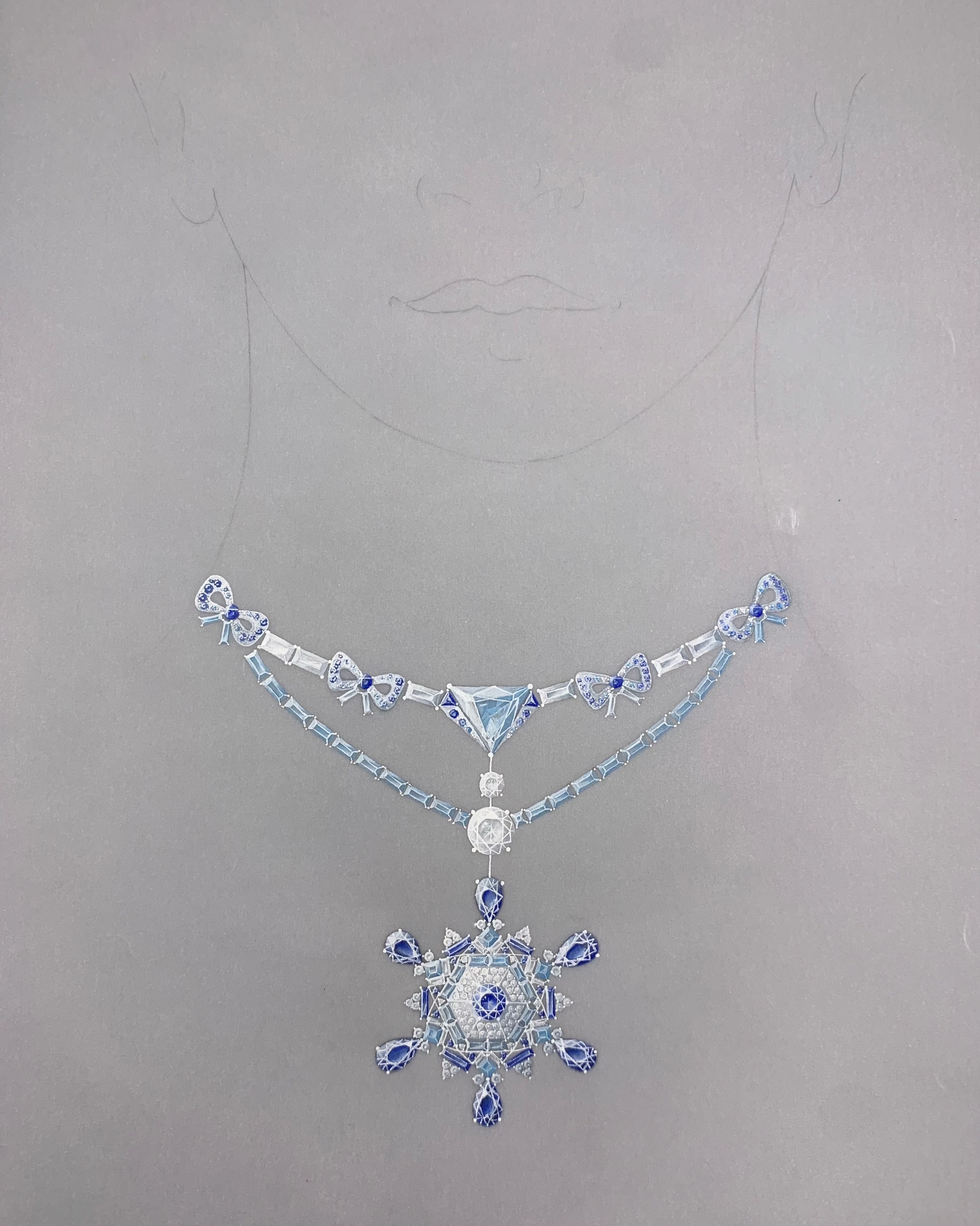 Custom design necklace in a series designed for Anne Hatherway. Using more than 200 gemstones (diamond, sapphire and aquamarine) of different sizes and cuts