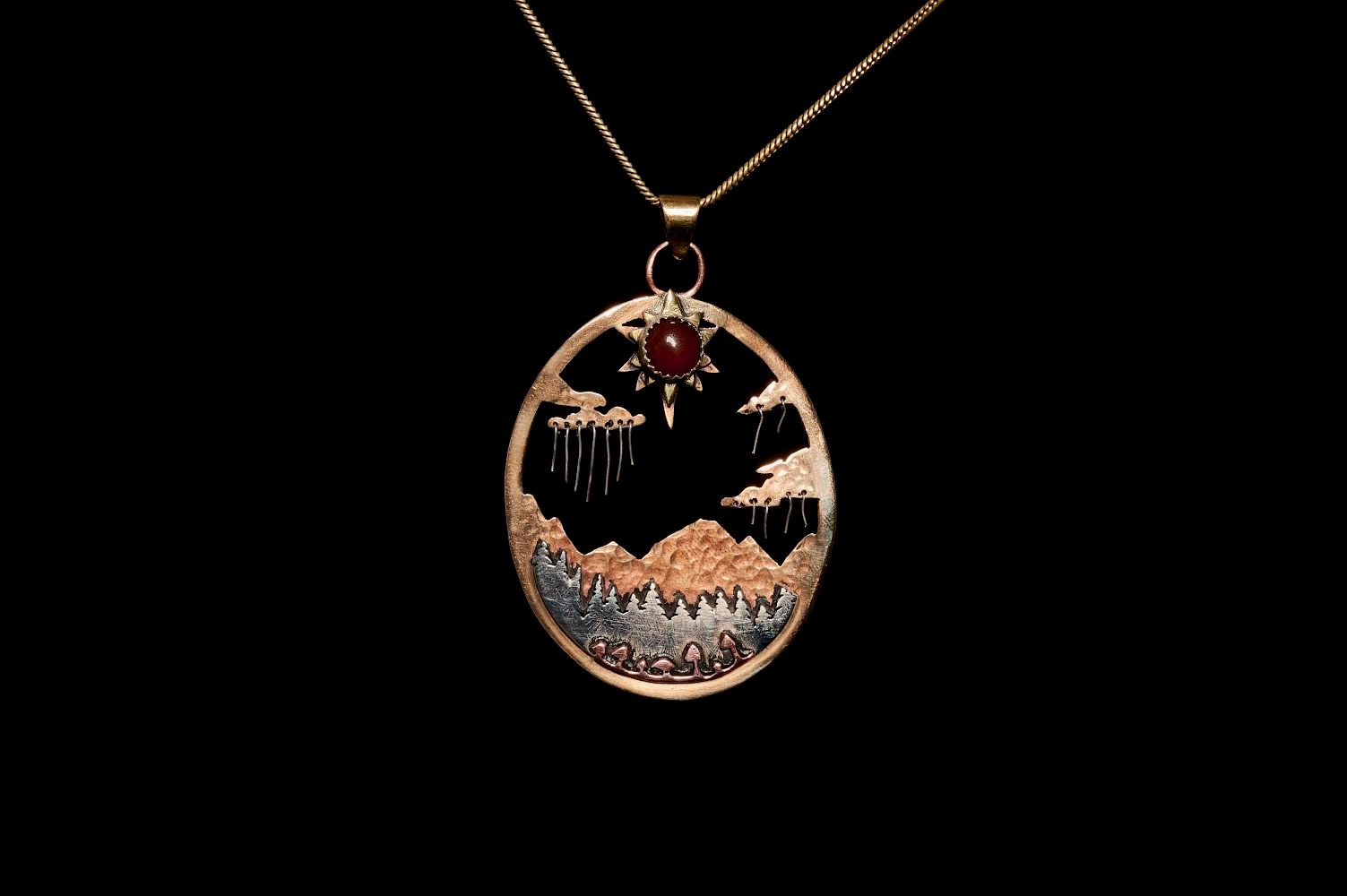 Landscape Pendant. Carnelian with NuGold, Silver, and Bronze.