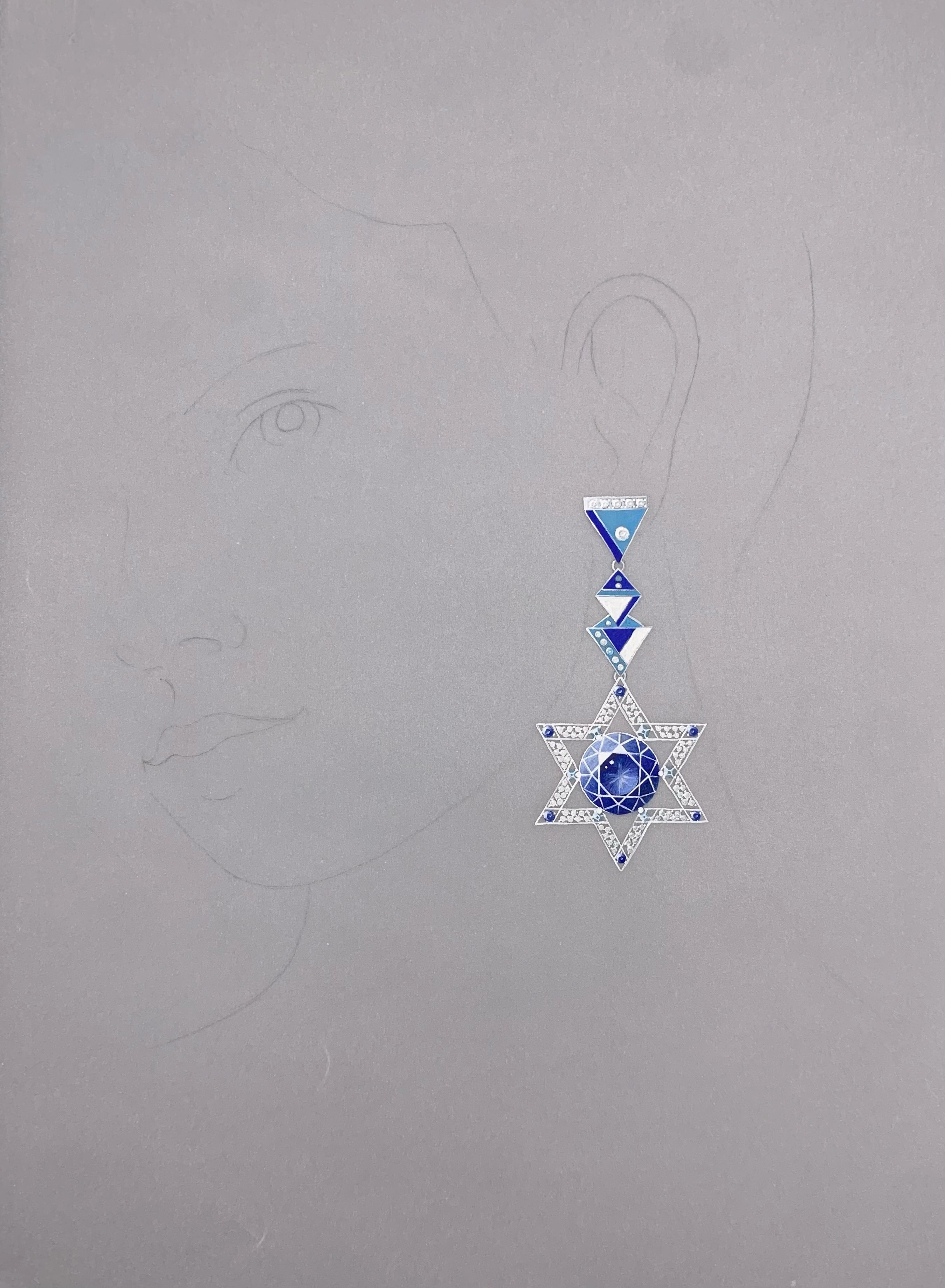 Custom design earring in a series designed for Anne Hatherway. Top triangles are made of enamel and bottom snowflake includes sapphire, diamond (pave) and aquamarine