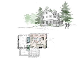 ArleneSalomon_Floorplan_ExteriorSketch_LakeCrescentLodge_Lobby - Arlene Salomon