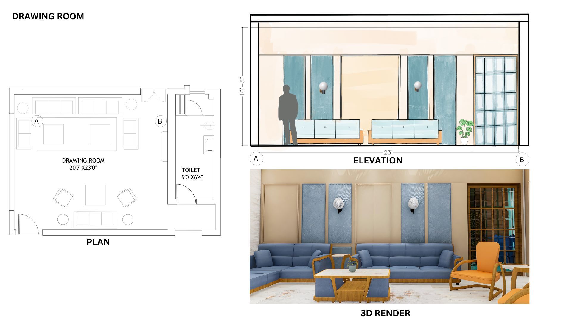 DishaTomar_DrawingRoom_Plan_Elevation_Render - disha tomar