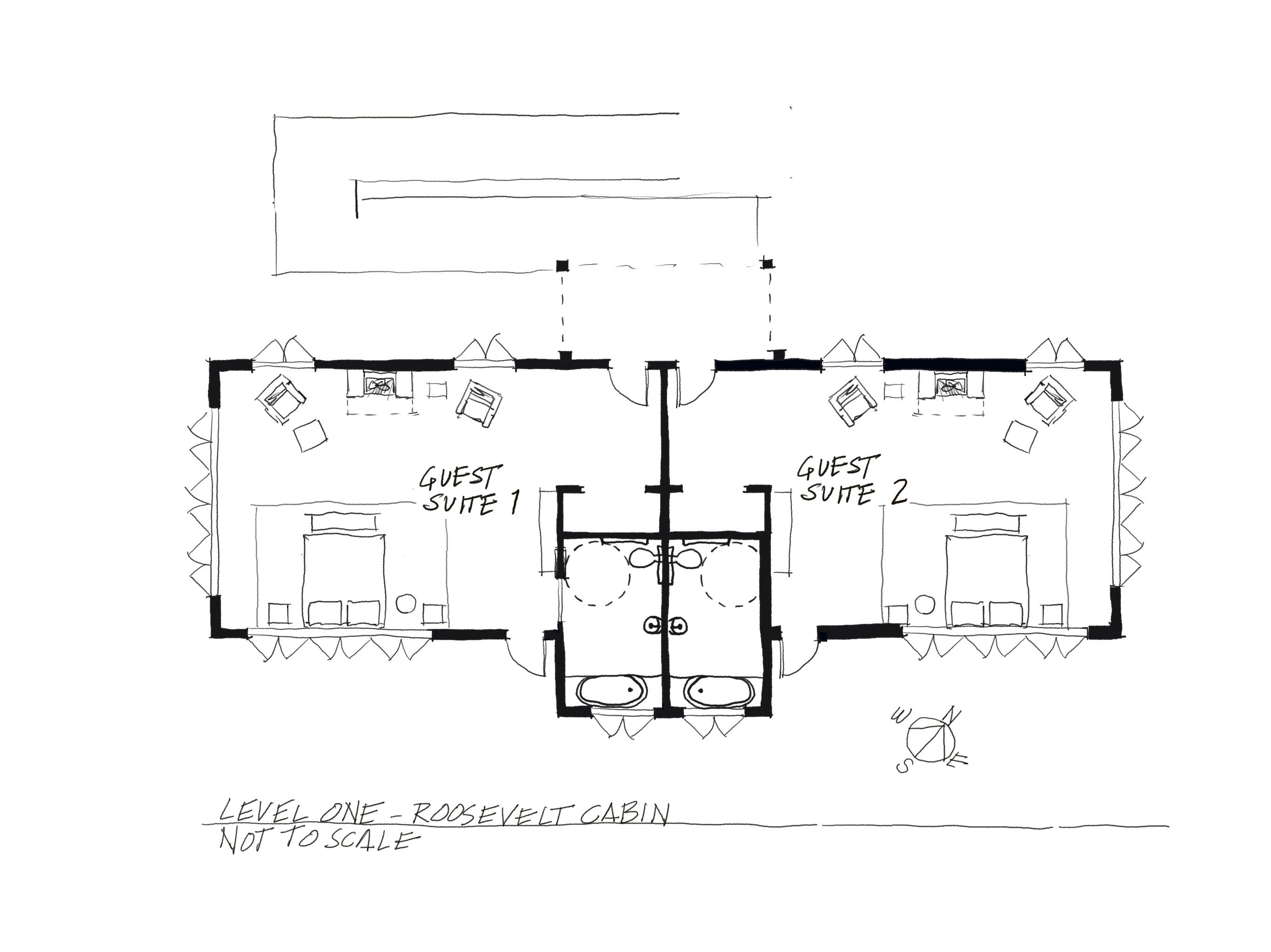 ArleneSalomon_Sketch_Floorplan_LevelOne_RooseveltCabin - Arlene Salomon