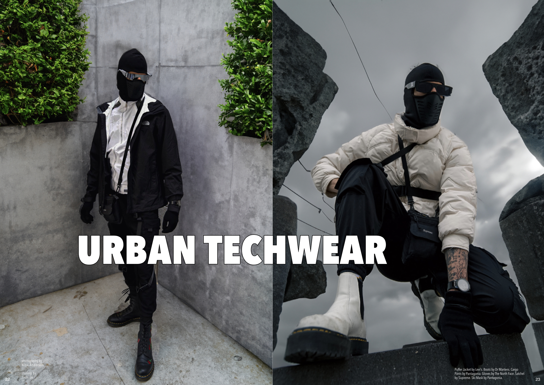 Techwear editorial that highlights sustainable streetwear fashion.