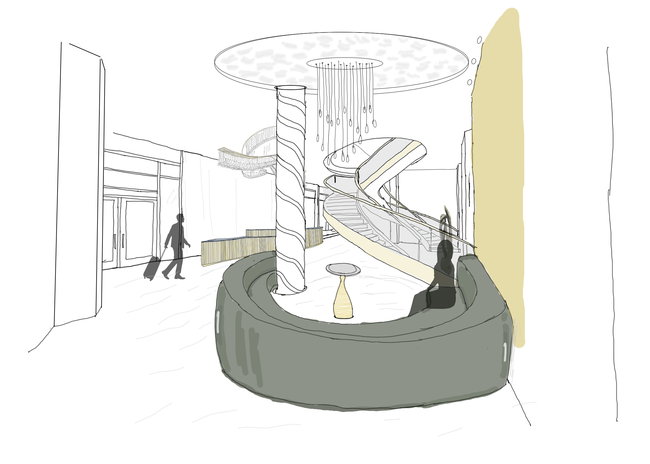 Boutique Hotel - Berlin - Lobby seating perspective sketch - Meghana Duriseti