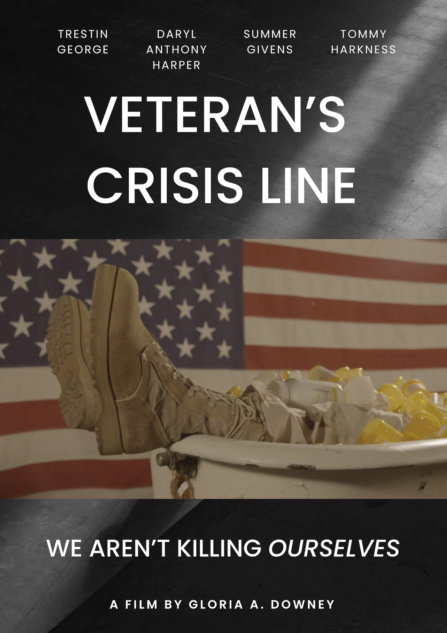 Poster for film "Veteran's Crisis Line" showing combat boots crossed on a table in front of an American Flag