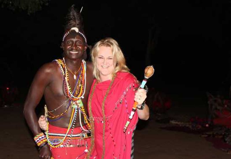 Jeanne in traditional Masai garb at Kichwa Tembo Camp