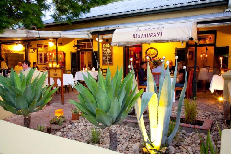Outdoor restaurant courtyard with large agave plants and diners seated under string lights at dusk