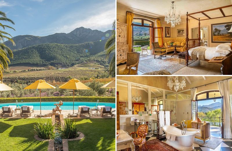 A collage reveals La Residence’s mountain-framed pool, opulent suite interiors, and elegant bathrooms, capturing the indulgent calm of a South African honeymoon.