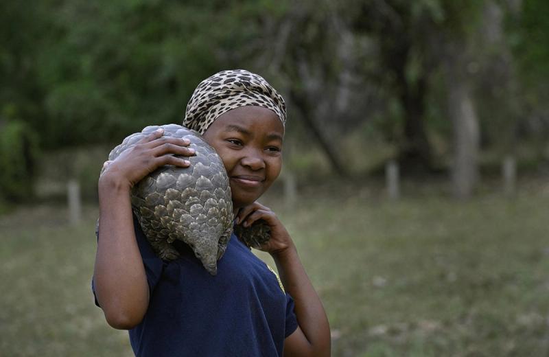A young woman stands outdoors smiling gently while carrying a pangolin over her shoulder, illustrating the impact in Gorongosa through trust, care, and shared space between people and animals.
