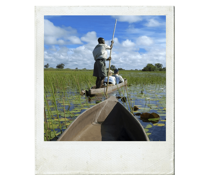 Delta do Okavango pode ser explorado a bordo de um mokoro, uma canoa tradicional da região
