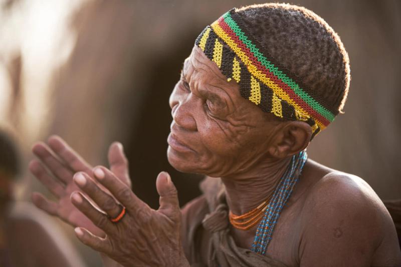 Colourful beads adorn bushmen