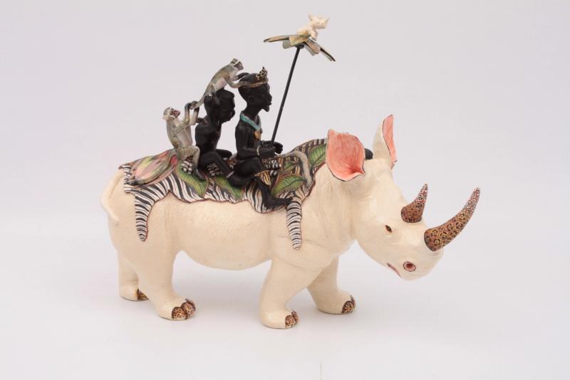 Ardmore Ceramic's sculpture of small rhino with riders