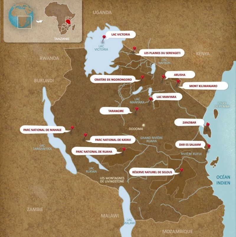Carte de la Tanzanie et des lacs en Afrique.