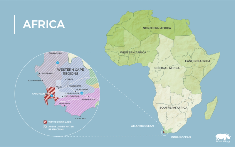 Karte von Afrika mit der von der Dürre betroffenen Metropolregion im Western Cape