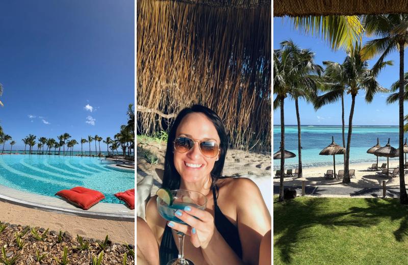 A woman enjoys a drink at a resort in Mauritius