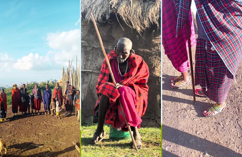Three-panel collage showing a Maasai community, an older Maasai man seated outside a traditional structure, and a close-up of traditional Maasai clothing and sandals.