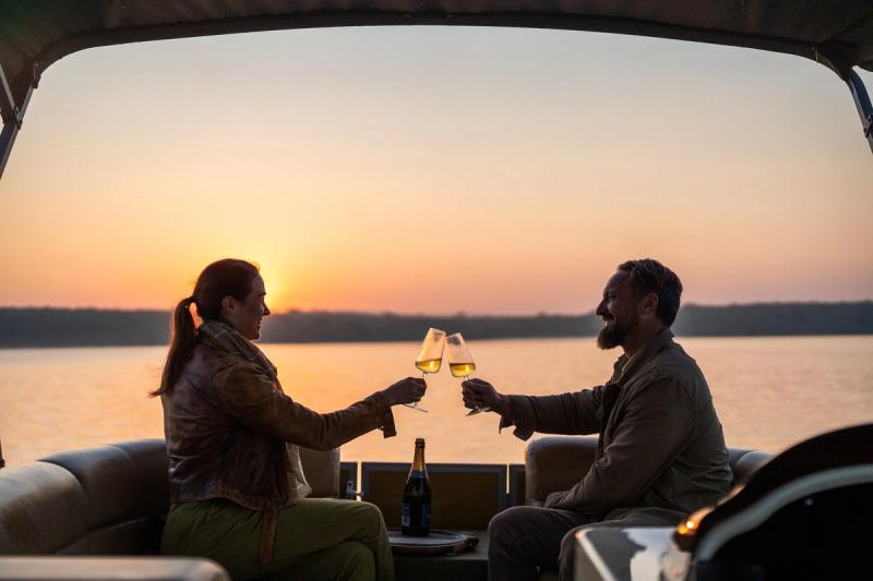 Two guests enjoy a glass of wine on a bopat cruise while on a Rwanda safari