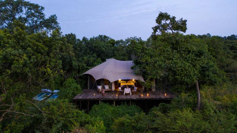 xterior view of Mara Plains Camp tucked into the bushes in Olare Motorogi Conservancy