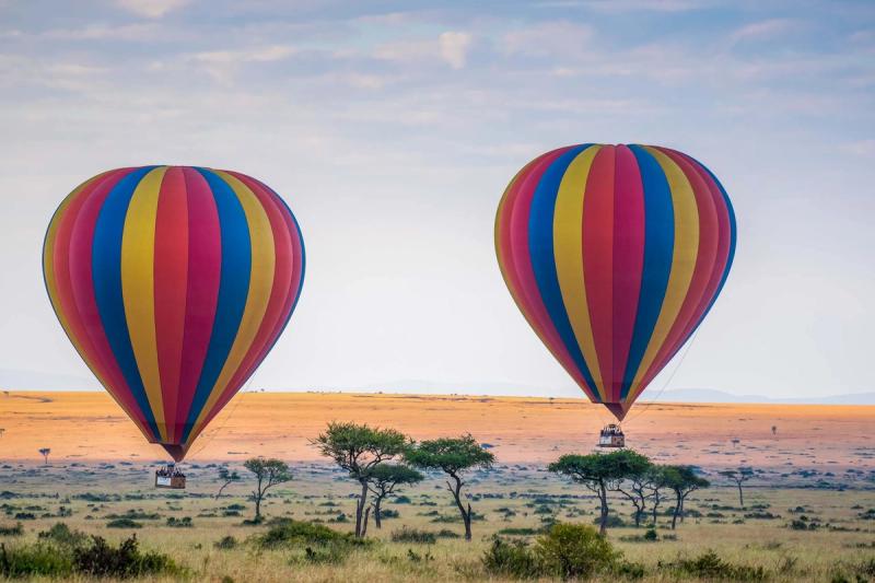 A hot air balloon floats above the golden savannah of Serengeti National Park at sunrise, offering a breathtaking aerial view of the wilderness.