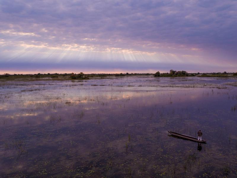 The soft light over Okavango Delta as a mokoro glides along