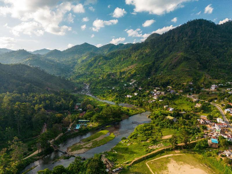Aerial view of the lush, mountainous landscape and river around Ranomafana, Madagascar.