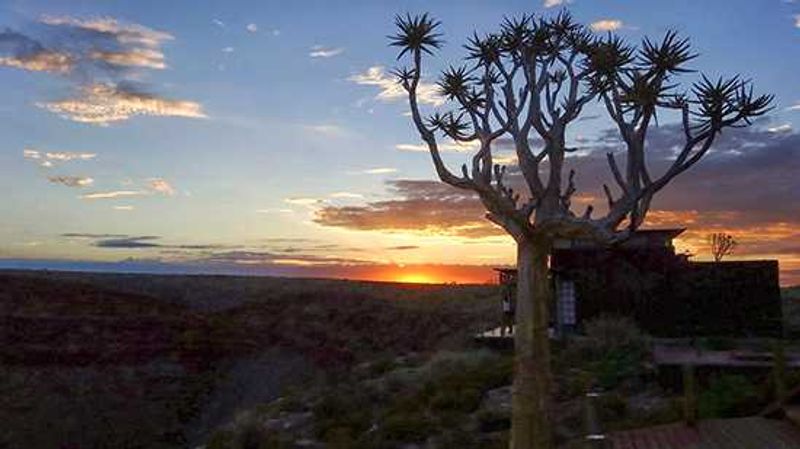 Sun Set At The Fish River Canyon | "The Fish River Canyon is 161 kilometres long, up to 27 kilometres wide and 550 metres deep. We did a 6.5 hour tour that took us into the canyon down 440 metres to the Fish River. A woman from the United States, a member of the Rockefeller family, and a Namibian partner purchased and developed the Fish River Canyon Lodge, and work hard to ensure the footprint is light and the lodge and surrounding areas are eco-friendly. They participate in the Namibia Eco Friendly Awards program."