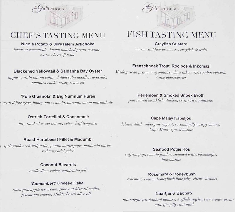 The Greenhouse at Cellars Hohenort menu