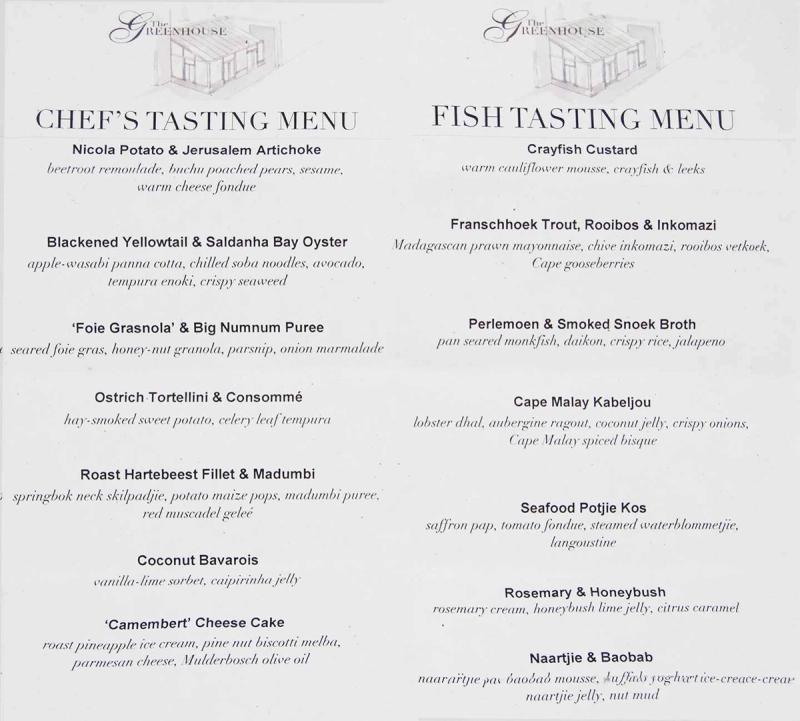 The Greenhouse at Cellars Hohenort menu